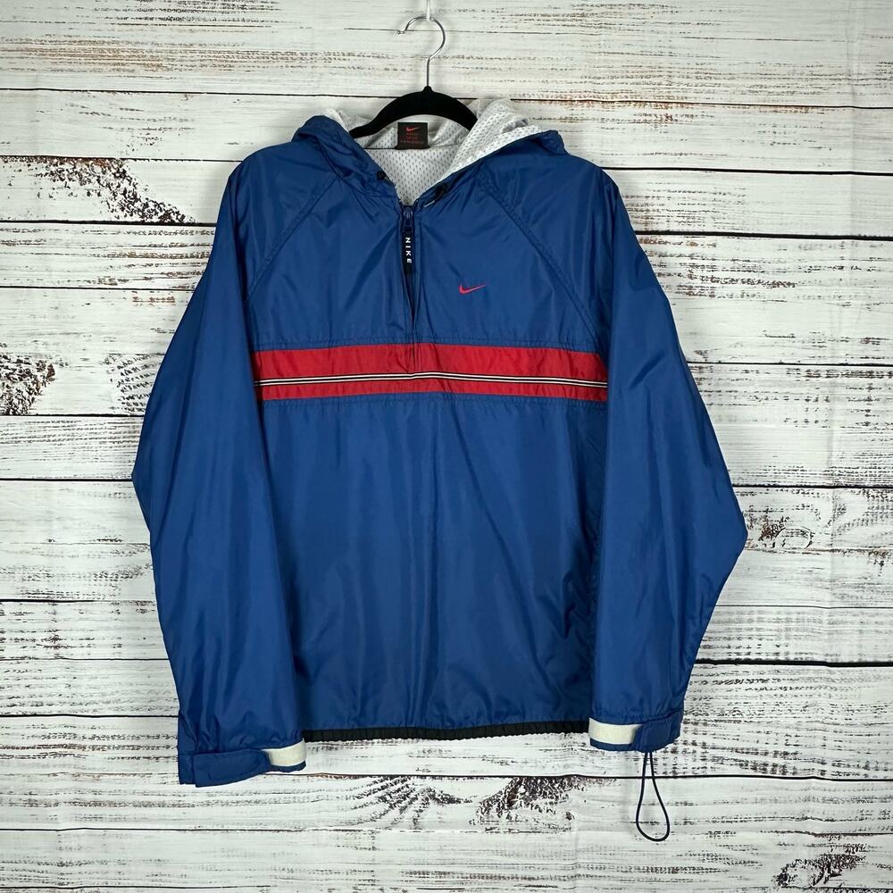 Youth Nike Blue Red Gray Nylon Lined Pullover 1/2 Zip Hood Windbreaker Boys Sz L